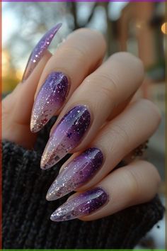 Purple Nails Witchy, Witchy Nail Colors, Purple Sky Nails, December Nails Purple, Night Nails Design, Amethyst Nail Art, Purple Celestial Nails, Dark Lavender Nails, Magic Nails Design