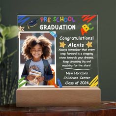 "Celebrate a milestone with our Preschool Graduation Personalized Plaque, a perfect gift for your little scholar. This beautifully crafted acrylic plaque commemorates the joyous occasion of completing preschool and serves as a memory keepsake for both parents and child. The delightful design features an enchanting LED nightlight, adding a whimsical touch to any room. Personalize it with your child's name for a unique and cherished keepsake that will be treasured for years to come. This plaque no Preschool Graduation Gifts, Pre K Graduation, Personalized Plaques, Preschool Graduation, Acrylic Plaque, Memorial Plaque, Create And Craft, Pre School, Memorial Keepsakes