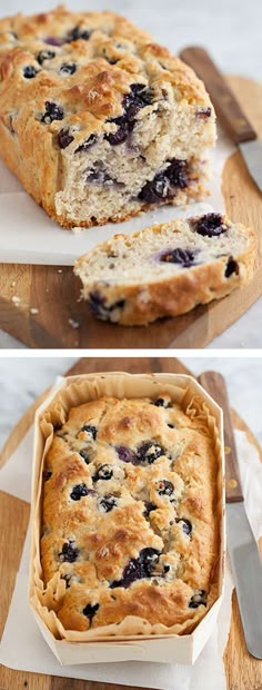 two pictures of blueberry bread on cutting board with knife and fork next to it