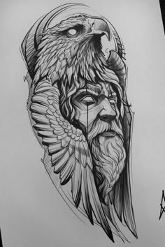 a drawing of an eagle with a man's face