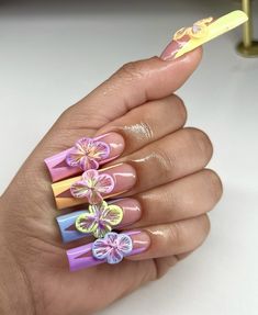 Hippie Nails, Pink Ombre Nails, Punk Nails, Airbrush Nails, Floral Nail Designs, French Acrylic Nails, Hello Kitty Nails