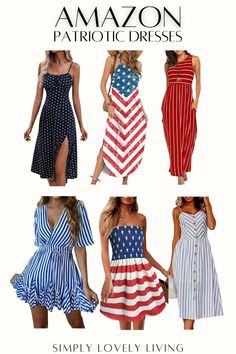 Red white and blue dresses. Memorial day dresses. 4th of July dresses. Stars and stripes. America. Americana. Amazon style. Amazon fashion finds. White And Blue Dresses, Dresses Stars, 4th Of July Dresses, Amazon Fashion Finds, Patriotic Dresses, 4th Of July Outfits