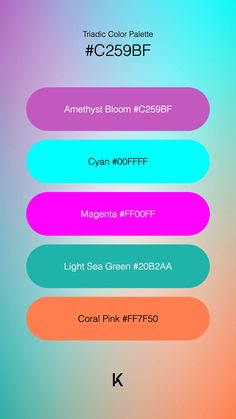 Triadic Color Palette Amethyst Bloom #C259BF · Cyan #00FFFF · Magenta #FF00FF · Light Sea Green #20B2AA · Coral Pink #FF7F50 Light Sea Green, Hex Color Palette, Color Pallete, Freelance Writer, Hex Colors, Live Colorfully, Work Organization, Sea Green