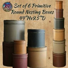 Premium PRIMITIVE ROUND NESTING BOXES 6 pcs 44 H, Home Decor Primitive Colors, Calendar Holder, Rustic Primitive Decor, Country Primitive Decor, Butter Molds, Rustic Mason Jars, Glass Bottles With Corks, Dripping Candles, Stash Jars