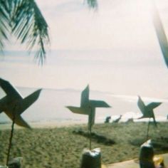 three metal birds sitting on top of a sandy beach next to the ocean and palm trees