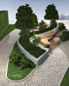 an artist's rendering of a garden with trees and plants on the top of it