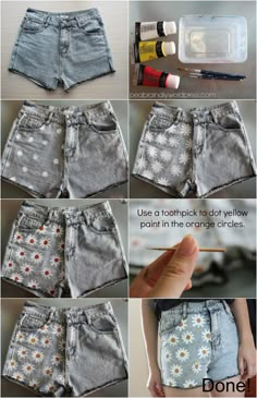 how to make shorts out of old jeans with flowers and dots on the bottom, then sewn