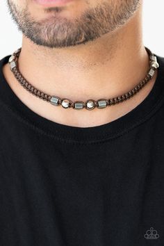 Sections of shiny silver beads and studded hexagonal accents are knotted in place along a brown cord that has been braided around the neck. Features a wooden toggle closure. Sold as one individual necklace. Jewelry For Men Necklaces, Trending Necklace, Collar Macrame, Men Necklaces, Paparazzi Accessories Jewelry, Southern Charms, Men Jewellery, Accesories Jewelry, Brown Necklace