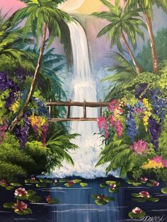 a painting of a waterfall and lily pads