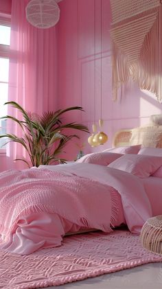 a bed with pink sheets and pillows in a room that looks like it has been painted