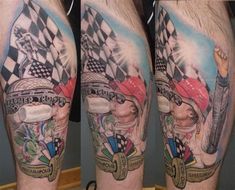 a man's leg with tattoos on it, and the image of a race car