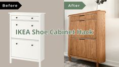 an ikea shoe cabinet hack is shown before and after it has been painted white