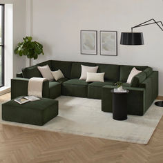 a living room with green couches and white rugs