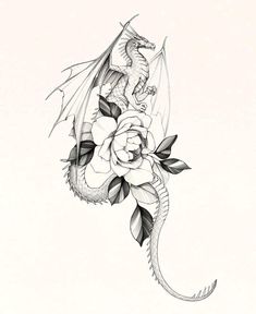 a drawing of a dragon with flowers on it's back and wings flying through the air