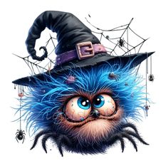 a cartoon character with blue hair wearing a witches hat and spider web on it's back