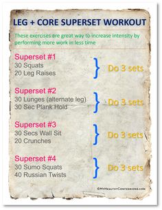 an old poster with instructions for the leg and core superstars workout plan on it