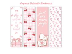 three bookmarks with hearts and bows on them, one is pink and the other is white