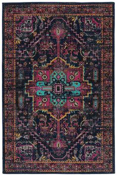 a colorful rug with an intricate design on the front and back end, in blue, pink