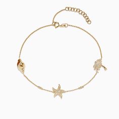 Effy Novelty 14K Yellow Gold Diamond Seaside Ankle Bracelet Gold Starfish Beaded Bracelets For Beach, Casual Starfish Bracelet, Gold Charm Bracelet With Starfish For Beach, Gold Ocean-inspired Starfish Bracelets, Gold Bracelet With Starfish Charm, Adjustable, Effy Jewelry, Jewelry Lookbook, Ankle Bracelets, Dream Jewelry