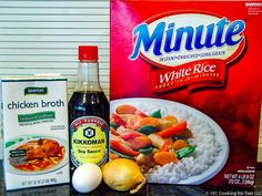 ingredients to make chicken broth and rice on a counter top next to a package of minute