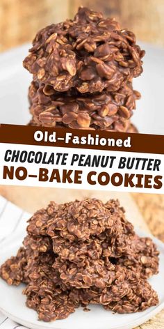 chocolate peanut butter no - bake cookies stacked on top of each other with text overlay