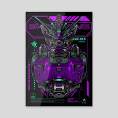 a purple and black poster with an image of a robot in the center, on a gray background