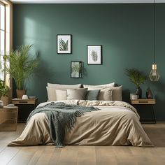 a bedroom with green walls and wooden flooring is pictured in this image, there are plants on the side of the bed