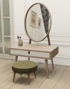 a mirror sitting on top of a wooden table next to a footstool and stool