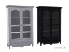 two white and black cabinets side by side on a white background, one with glass doors