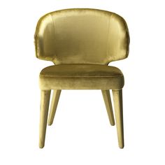 an upholstered gold chair with wooden legs