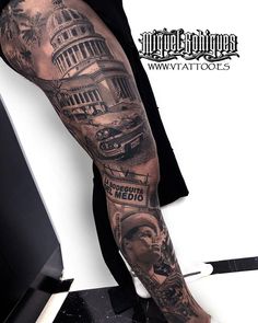 a man's leg with tattoos on it and the capitol building in washington, d c