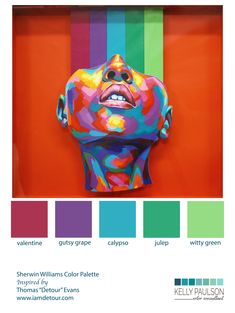 an image of a colorful head on display in a frame with color swatches below it