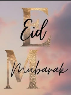 the letters eid and m are shown in gold glitters on a pink sky background