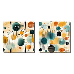 two paintings with different colors and shapes on them