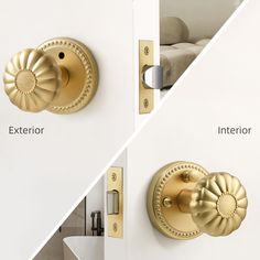 two different types of door knobs and handles on white doors with gold accents, one showing the interior and the outside