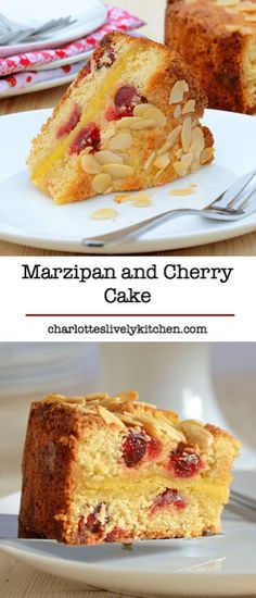 two pictures with different types of cake on them and the words marzipan and cherry cake