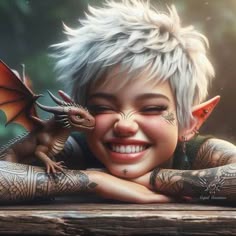 a woman with white hair and tattoos next to a dragon