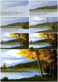 four different views of trees and water with clouds in the background, including one yellow leafed tree