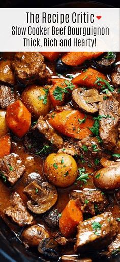 the recipe for slow cooker beef bourguignon is shown in a crock pot