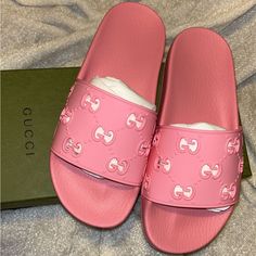 Gucci Slides! Luxury Slip-on Slides For Spring, Luxury Synthetic Slip-on Slides, Designer Synthetic Slides Slip-on, Designer Synthetic Slip-on Slides, Designer Slides With Branded Insole For Beach, Designer Beach Slides With Branded Insole, Pink Flat Slides With Rubber Sole, Designer Slip-on Sandals With Branded Insole, Pink Open Toe Slides With Rubber Sole