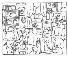 a black and white drawing of an artist's studio with teddy bears in it