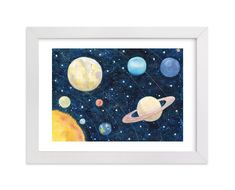 the solar system is shown in this white framed art print with blue and yellow background