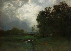 a painting of trees and grass with clouds in the background