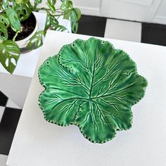 a green leaf shaped plate sitting on top of a table next to a potted plant