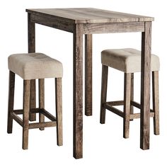 a wooden table with two stools next to it