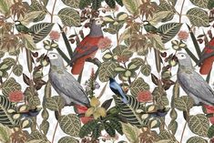 an image of birds in the wild on leaves and flowers wallpaper design by person