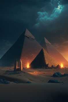 three pyramids in the desert at night with bright light coming from behind them and dark clouds