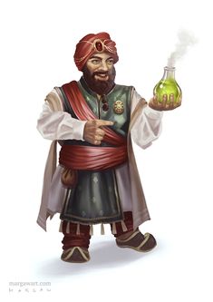 a man dressed in medieval clothing holding a glass bottle with steam coming out of it