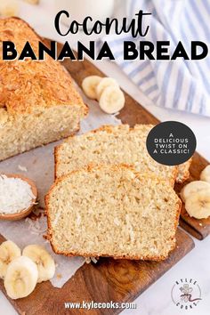 slices of banana bread sitting on top of a cutting board next to some sliced bananas