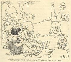 an old black and white cartoon shows children playing in the grass with their feet up